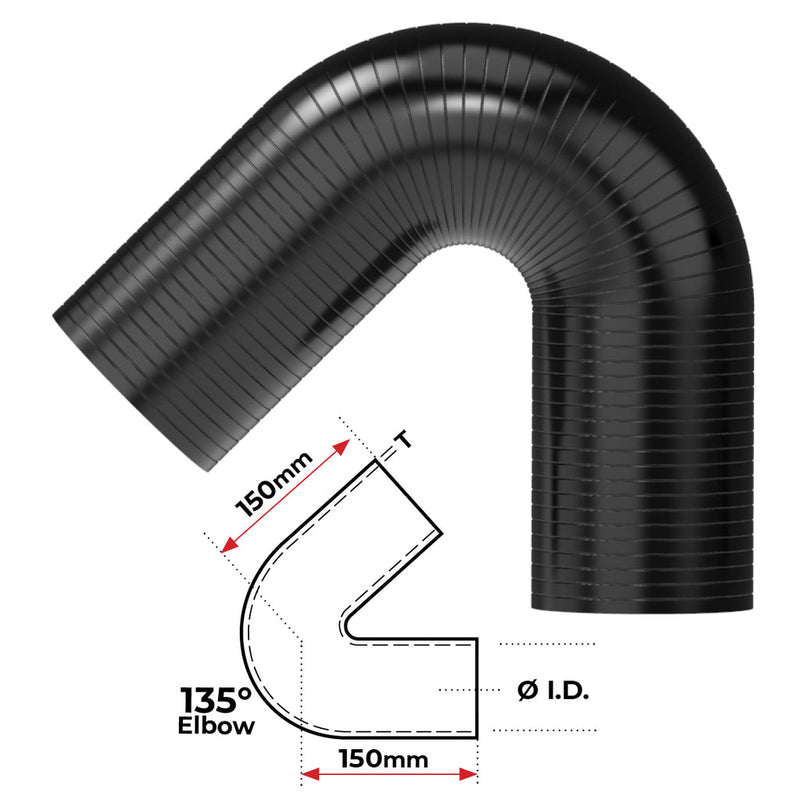 Silicone Hose - Inside Diameter 4" Inch (101mm), Black, 135 Bend