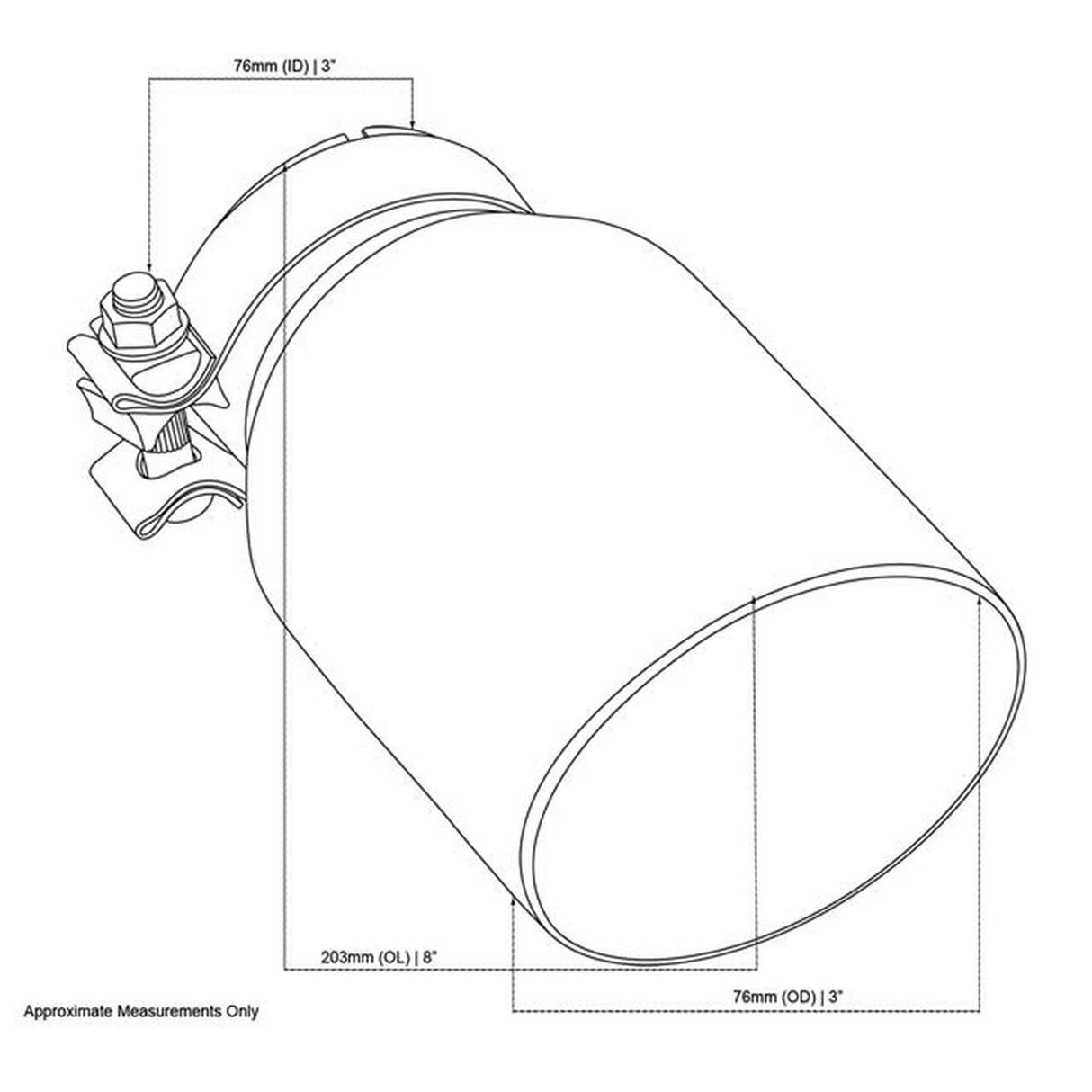Exhaust Tip - 3" In - 4 1/2" Out - 8" Long (Angle Cut - Inner Cone - 304 Stainless)